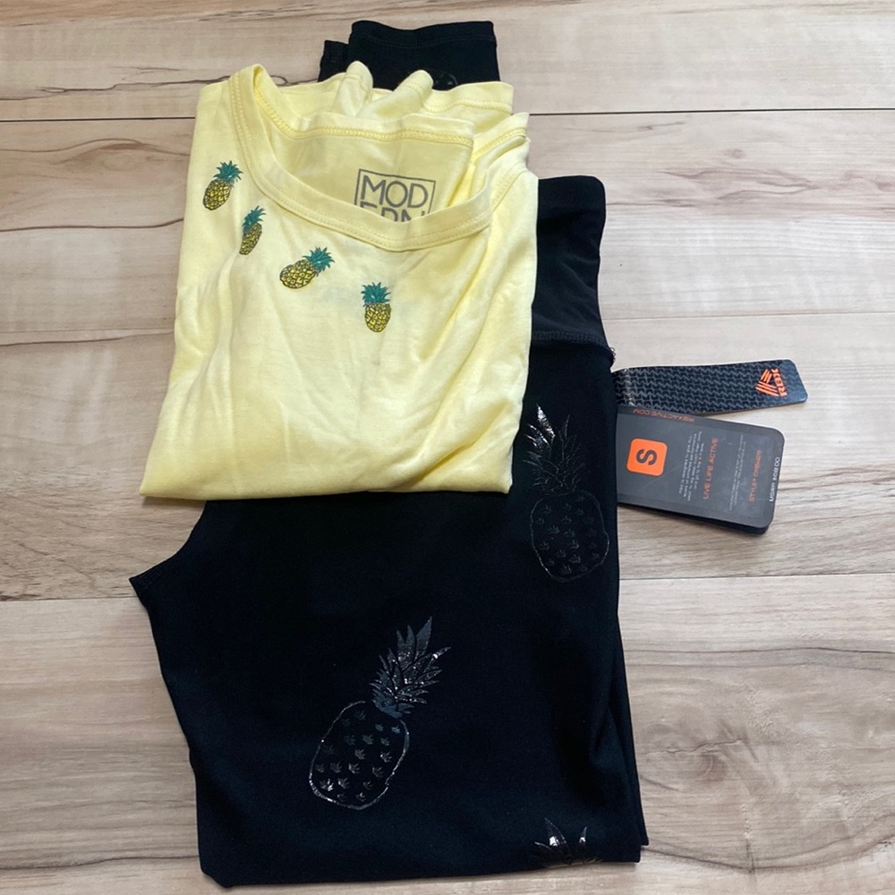 NWT Pineapple Workout Outfit Size Small. RBX Black Leggings and Yellow Tank Top.